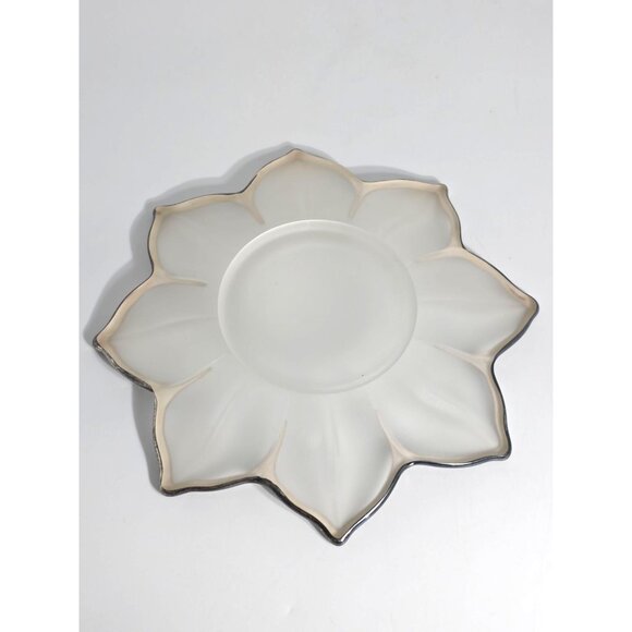 Frosted Glass Lotus Serving Bowl Plate Spoons With Silver-Toned Trim Vintage - Picture 4 of 12